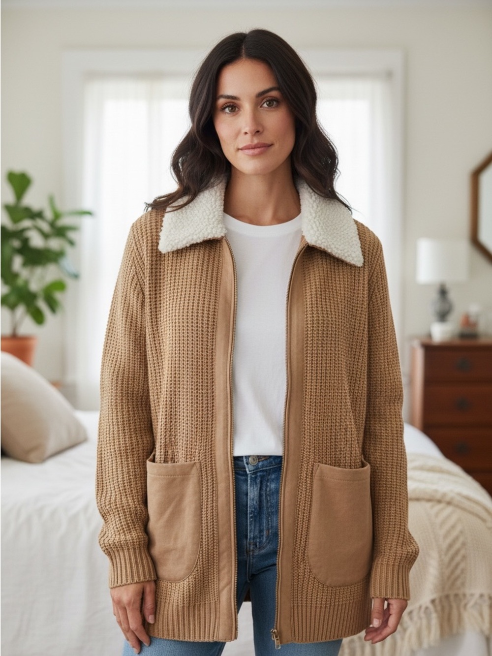 New York & Company Ribbed Knit Sweater Cardigan - Camel 🐪 SZ M